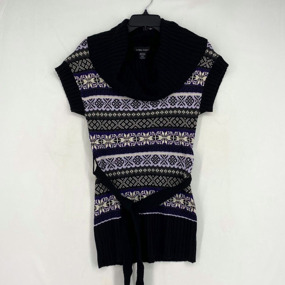 Sweater Project Juniors Small Short Sleeve Sweater Black Combo Cowl Neck Belted